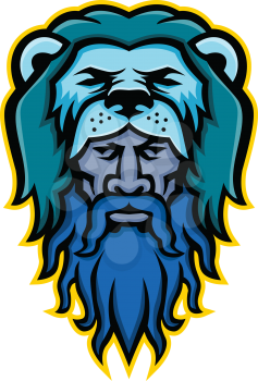 Mascot icon illustration of head of Hercules or Heracles, a Roman hero and mythology god, son of Jupiter wearing a lion skin pelt viewed from front on isolated background in retro style.