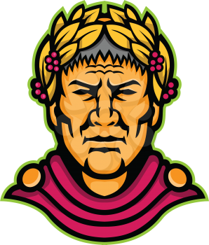 Mascot icon illustration of head of Gaius Julius Caesar, a Roman politician, military general and emperor of the Roman empire viewed from front on isolated background in retro style.