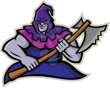 Mascot icon illustration of a hooded medieval or absolutist executioner or headsman  carrying an axe viewed from front on isolated background in retro style.