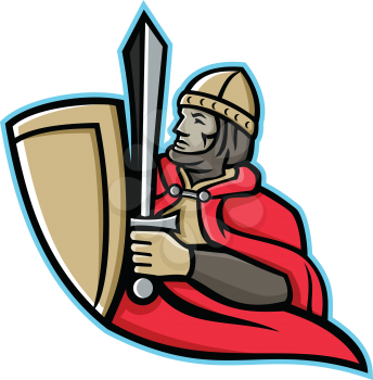 Mascot icon illustration of a medieval king or knight wielding a sword and shield from waist up viewed from side on isolated background in retro style.