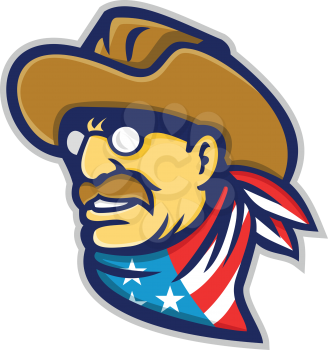 Mascot icon illustration of head of an American statesman, writer and 26th President of the United States, Theodore Roosevelt Jr wearing bandanna with USA flag on isolated background in retro style.