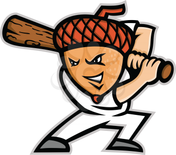 Mascot icon illustration of an acorn, or oak nut, the nut or seed of the oak tree, as baseball player batting with baseball bat viewed from side on isolated background in retro style.