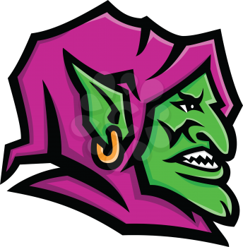 Mascot icon illustration of head of a goblin, a monstrous creature from European folklore, that is small, grotesque, mischievous , malicious and greedy on isolated background in retro style.