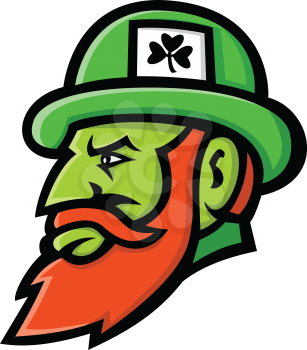 Mascot icon illustration of head of a leprechaun, a type of fairy in Irish folklore depicted as little green bearded man, wearing a coat and hat, viewed from side isolated background in retro style.