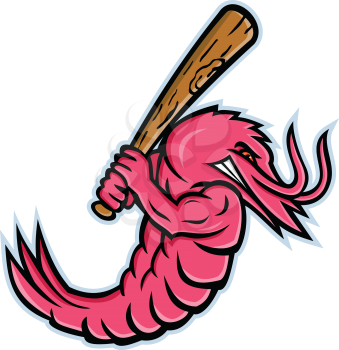 Mascot icon illustration of a king prawn or jumbo shrimp, as baseball player batting with baseball bat viewed from side on isolated background in retro style.
