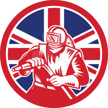Icon retro style illustration of a British sandblaster, abrasive blasting or sandblasting,  with United Kingdom UK, Great Britain Union Jack flag set inside circle on isolated background.