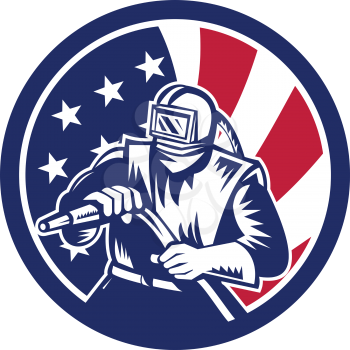 Icon retro style illustration of an American sandblaster, abrasive blasting or sandblasting with United States of America USA star spangled banner stars and stripes flag in circle isolated background.
