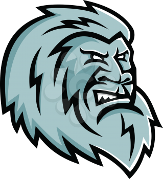 Mascot icon illustration of head of a Yeti or Abominable Snowman, an ape-like entity, mythical or legendary creature in the folklore of Nepal viewed from side on isolated background in retro style.
