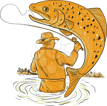 Drawing sketch style illustration of a Fly Fisherman fishing Reeling a spotted brown Trout jumping viewed from rear on isolated background.