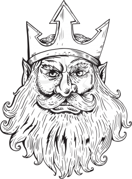 Retro woodcut style illustration of head of Poseidon, Neptune or Triton  Wearing Trident Crown viewed from front done in black and white.
