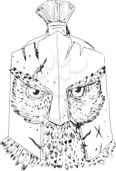 Drawing sketch style illustration of a Great Horned Owl wearing Spartan cracked battle-worn Helmet viewed from front done in black and white.