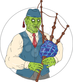 Grime art style illustration of a Zombie Piper Playing Bagpipes  viewed from front set inside circle on isolated background.