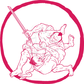 Drawing sketch style illustration of a Samurai warrior with katana sword Jui Jitsu Fighting or judo set inside Enso Circle on isolated background.