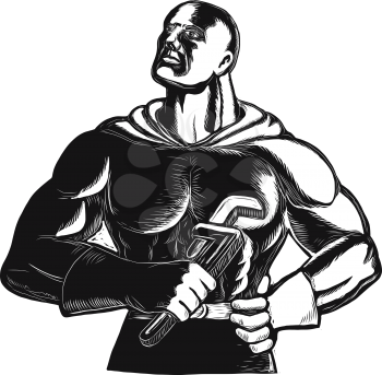 Retro woodcut style illustration of Superhero Plumber looking up holding monkey Wrench or gas grip  done in black and white on isolated background.