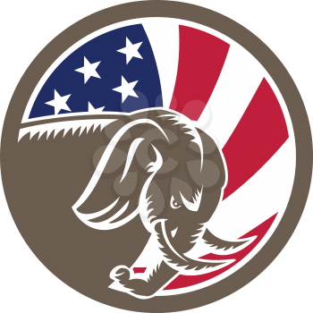Mascot icon illustration of a Republican Elephant charging viewed from side with American USA stars and stripes star spangled banner flag on isolated background in retro style.