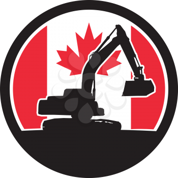 Icon retro style illustration of a silhouette of a Canadian mechanical digger or excavator viewed from side with Canada maple leaf flag set inside circle on isolated background.