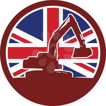 Icon retro style illustration of silhouette of a British mechanical digger or excavator viewed from side with United Kingdom UK, Great Britain Union Jack flag set inside circle on isolated background.