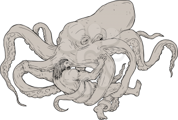 Illustration of Hercules Fighting a Giant Octopus done in hand sketch Drawing style on isolated background.