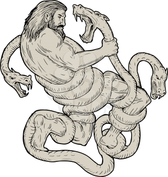 Illustration of Hercules Fighting  Lernaean Hydra done in hand sketch Drawing style.