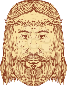 Sketch illustration of Jesus Christ With Crown of Thorns Face front view done in hand Drawing style.