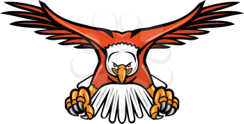 Mascot icon illustration of a bald eagle, sea eagle or American eagle swooping down with talons facing viewed from front on isolated background in retro style.