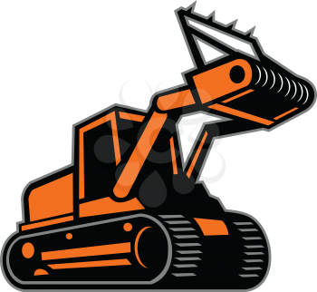 Retro icon style illustration of a tracked mulching tractor or forestry mulcher viewed from side on isolated background.