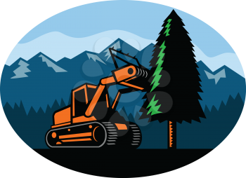 Retro style illustration of a tracked mulching tractor or forestry mulcher tearing down a pine tree with forest and mountains set inside oval on isolated background.