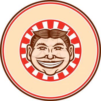 Mascot icon illustration of head of a grinning, leering, smiling funny face slyly beaming mug with hair parted in middle viewed from front with sunburst set inside circle on isolated background in retro style.
