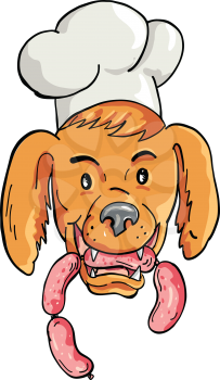 Cartoon style illustration of an Irish Setter dog wearing chef, baker or cook hat biting a sausage string viewed from front on isolated background.