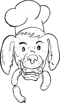 Cartoon style illustration of an Irish Setter dog wearing chef, baker or cook hat biting a sausage string viewed from front on isolated background in black and white.