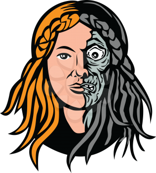 Mascot icon illustration of head of Hel, Norse goddess of death and the underworld, with face that is half flesh and half bones or skeleton viewed from front  on isolated background in retro style.