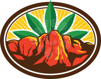 Retro style illustration of a red canyon and steep cliff with hemp leaf in background set inside oval shape on isolated background.
