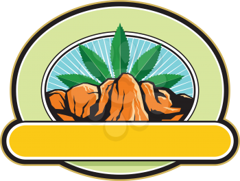 Retro style illustration of a mountain or canyon with steep cliff and hemp leaf in background set inside oval shape with banner in foreground on isolated background.