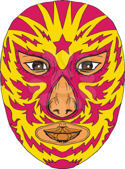 Illustration of a Luchador Mask with Star and Lightning Bolt viewed from front done in Drawing hand-sketched style on isolated background