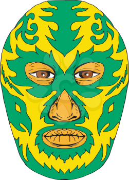 Illustration of a Luchador Mask with fiery flames and fire viewed from front done in Drawing hand-sketched style on isolated background