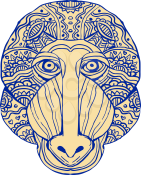 Illustration of a Mandrill Head Front view done in hand sketch drawing Mandala style.