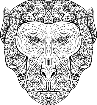 Illustration of a Rhesus Macaque Head viewed from Front done in hand sketch drawing Mandala style.