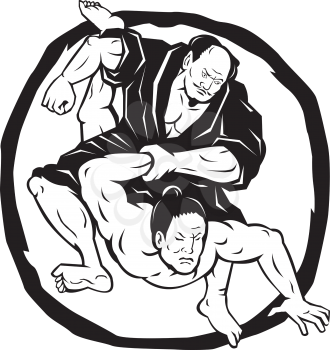 Illustration of two Samurai Jiu Jitsu Judo Fighting grappling with enso Circle in background done Drawing style.
