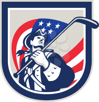 Illustration of an American Patriot holding a USA stars and stripes flag on ice hockey stick looking up set inside crest shield on isolated white background.