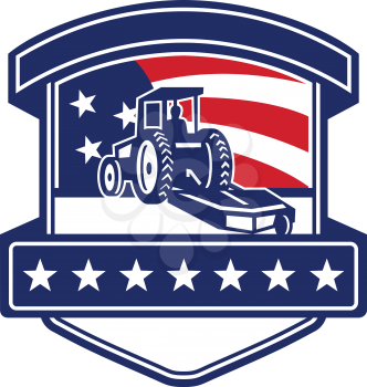 Badge icon retro style illustration for brush hogging service showing a brush or bush hog or rotary mower set inside shield with American stars and stripes USA flag in background.