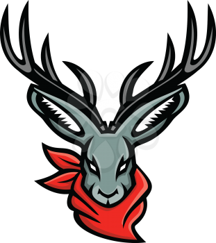Mascot icon illustration of head of a jackalope, a mythical animal of North American folklore that is a jackrabbit with antelope horns, wearing a bandanna viewed on isolated background in retro style.