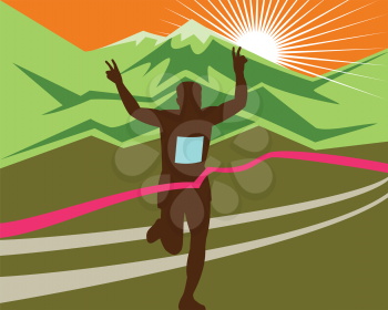 Retro style illustration of a silhouette of marathon race finisher runner flashing victory hand sign with snow capped mountains and sunburst and finish line ribbon tape in extra wide horizontal format.