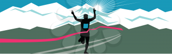 Retro style illustration of a silhouette of marathon runner flashing victory hand sign with snow capped mountains and sunburst and finish line ribbon tape in extra wide horizontal format.