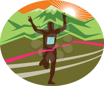 Retro style illustration of a silhouette of marathon finisher runner flashing victory hand sign with snow capped mountains and sunburst and finish line ribbon tape set inside oval shape