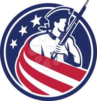 Mascot icon illustration of an American patriot, minuteman, revolutionary soldier with musket rifle draped in USA stars and stripes star spangled banner flag set inside circle done in retro style.