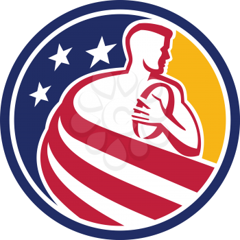 Mascot icon illustration of an American rugby union player running with ball draped in USA stars and stripes star spangled banner flag set inside shield or crest done in retro style.