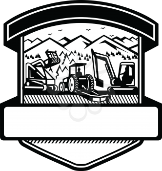 Badge icon retro style illustration of heavy equipment used in tree mulching, bush hogging and excavation services with mountains set inside shield on isolated background done in black and white.