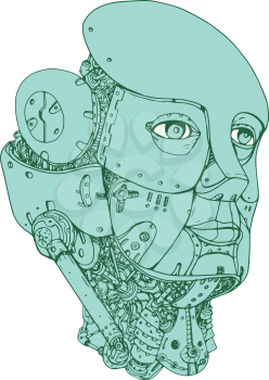 Mono line illustration of female android type Humanoid Robot Head viewed from front set on isolated background.