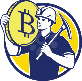 Retro style illustration of Crytocurrency miner with pick ax carrying a bitcoin on shoulder set inside circle on isolated background.