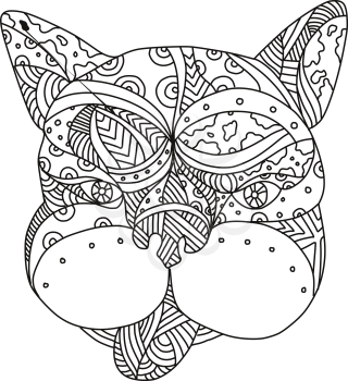 Doodle art illustration of head of French bulldog or frenchie dog viewed from front on isolated background done in black and white.